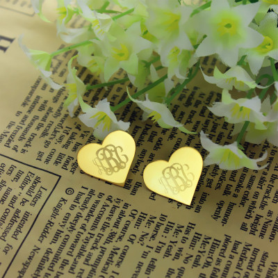 Heart Monogram Earrings Studs Cusotm Solid 18ct Gold - All Birthstone™