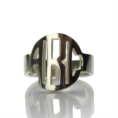 Circle Block Monogram 3 Initials Ring Solid White Gold Ring - All Birthstone™