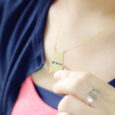 State USA Map Necklace With Heart  Name Gold Plated Silver - All Birthstone™