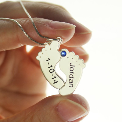 Personalised Memory Feet Necklace with Date  Name Sterling Silver - All Birthstone™