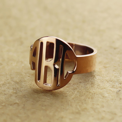 Personalised Circle Block Monogram 3 Initials Ring Solid Rose Gold Ring - All Birthstone™