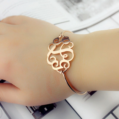 Rose Gold Monogram Initial Bangle Bracelet 1.25 Inch - All Birthstone™