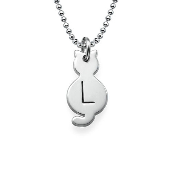 Tiny Cat Necklace with Initial in Sterling Silver - All Birthstone™