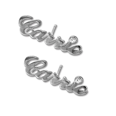 Sterling Silver Name Stud Earring with Crystal (PAIR) - All Birthstone™