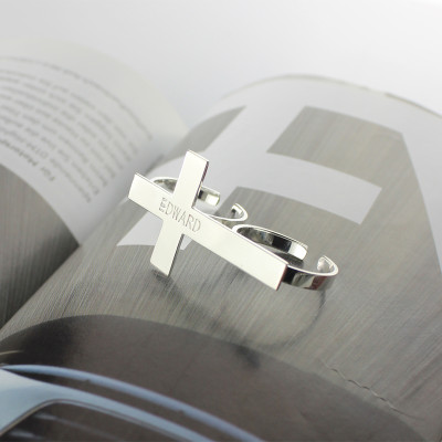 Custom Two finger Cross Ring Engraved Name Sterling Silver - All Birthstone™