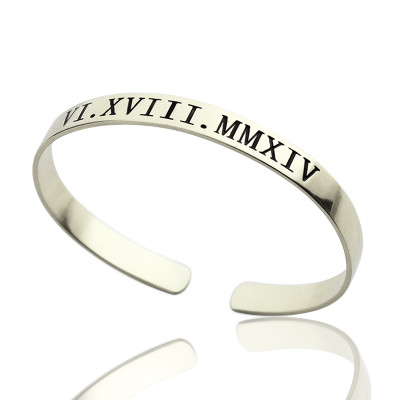 Personalised Roman Numeral Date Cuff Bracelet Sterling Silver - All Birthstone™