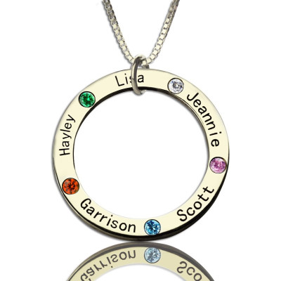 Mothers Family Circle Name Necklace Engraved Birthstone Silver  - All Birthstone™