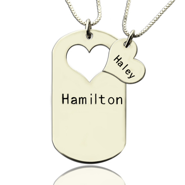 Couples Name Dog Tag Necklace Set with Cut Out Heart - All Birthstone™