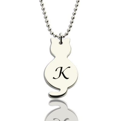 Personalised Tiny Cat Initial Pendant Necklace Silver - All Birthstone™