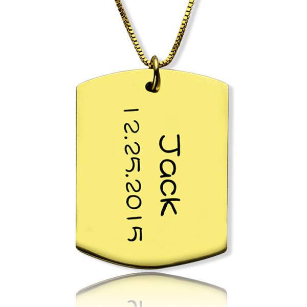 ID Dog Tag Bar Pendant with Name and Birth Date Gold Plated Silver - All Birthstone™