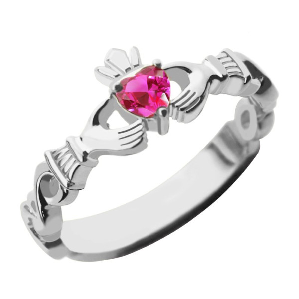 Ladies Claddagh Rings With Birthstone  Name White Gold Plated Silver  - All Birthstone™