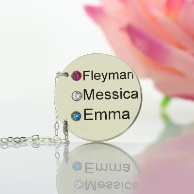 Disc Necklace With Names  Birthstones Silver  - All Birthstone™
