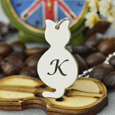 Personalised Tiny Cat Initial Pendant Necklace Silver - All Birthstone™