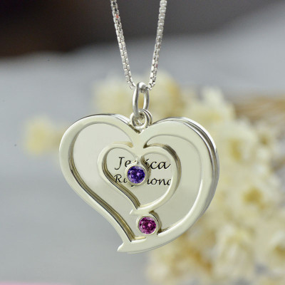 Personalised Couples Birthstone Heart Name Necklace  - All Birthstone™