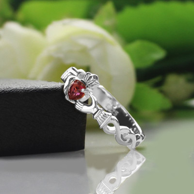 Ladies Claddagh Rings With Birthstone  Name White Gold Plated Silver  - All Birthstone™