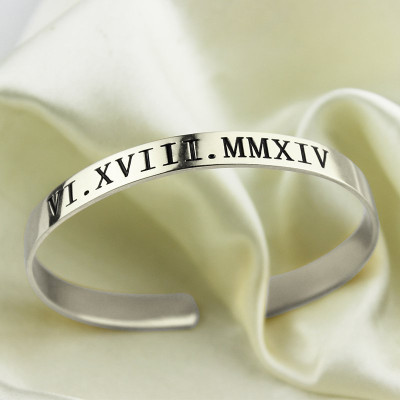 Personalised Roman Numeral Date Cuff Bracelet Sterling Silver - All Birthstone™