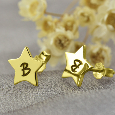 Star Stud Initial Earrings In Gold - All Birthstone™