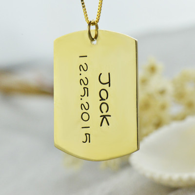 ID Dog Tag Bar Pendant with Name and Birth Date Gold Plated Silver - All Birthstone™
