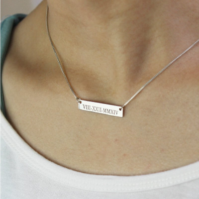 Custom Roman Numeral Bar Necklace Sterling Silver - All Birthstone™