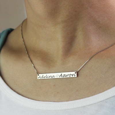 Couple Bar Necklace Engraved Name Sterling Silver - All Birthstone™