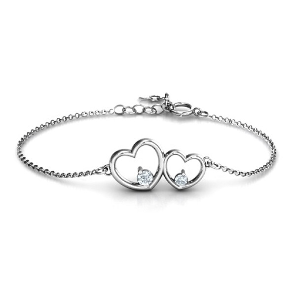 Sterling Silver Double Heart With Two Stones Bracelet  - All Birthstone™
