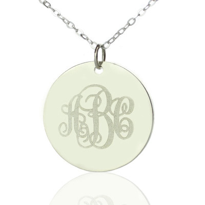 Solid White Gold Vine Font Disc Engraved Monogram Necklace - All Birthstone™