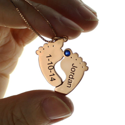 Engraved Baby Feet Imprint Necklace with Date Name 18ct Rose Gold Plated - All Birthstone™