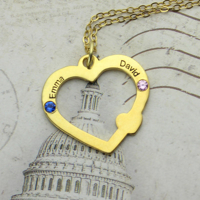 18ct Gold Open Heart Necklace with Double Name  Birthstone  - All Birthstone™