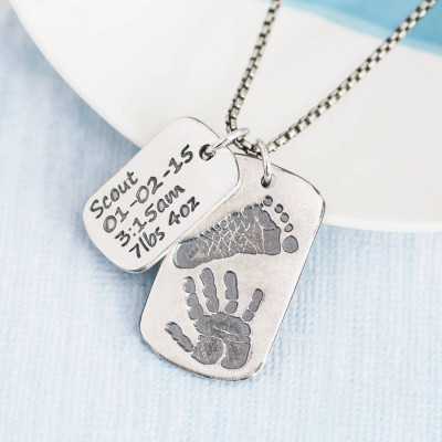Dog Tag With Baby Prints And Birth Info Necklace - Two Pendants - All Birthstone™