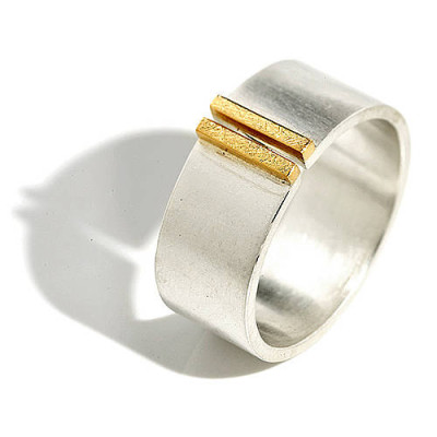 Silver And Gold Double Bar Wide Band Ring - All Birthstone™