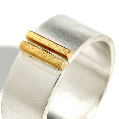 Silver And Gold Double Bar Wide Band Ring - All Birthstone™