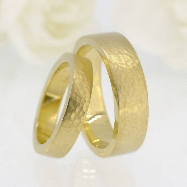 His And Hers Hammered Wedding Ring 18ct Gold Set - All Birthstone™