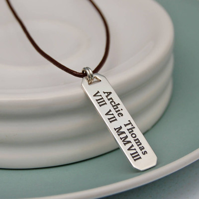 Mens Personalised Silver Vertical Bar Necklace - All Birthstone™