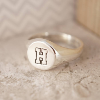 Personalised Round Initial Silver Signet Ring - All Birthstone™