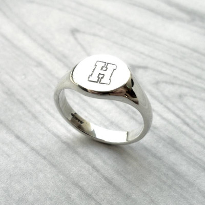 Personalised Round Initial Silver Signet Ring - All Birthstone™