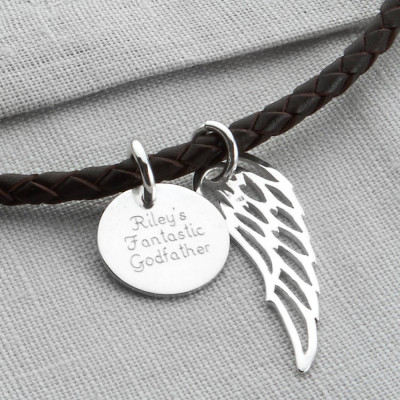 Personalised Silver Wing And Disc Leather Necklet - All Birthstone™