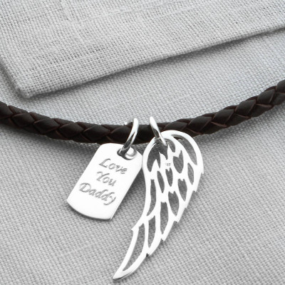 Personalised Silver Wing And Dogtag Leather Necklet - All Birthstone™