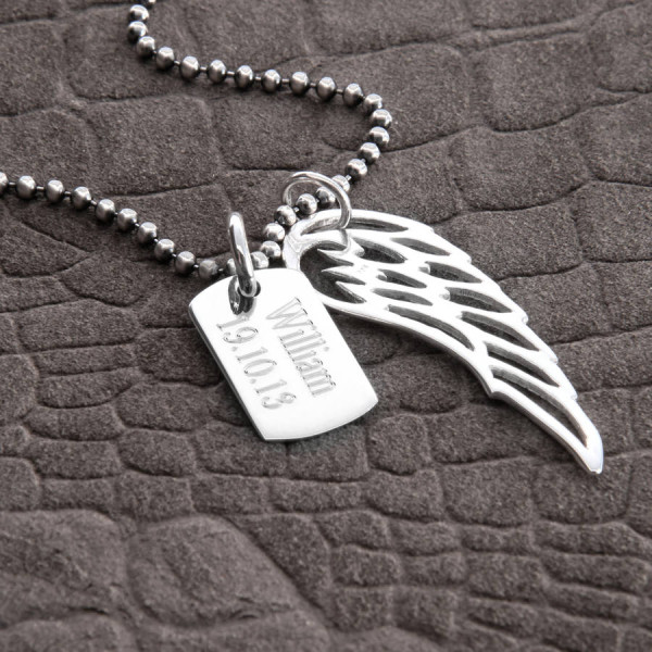 Personalised Sterling Silver Wing And Dogtag Pendant - All Birthstone™