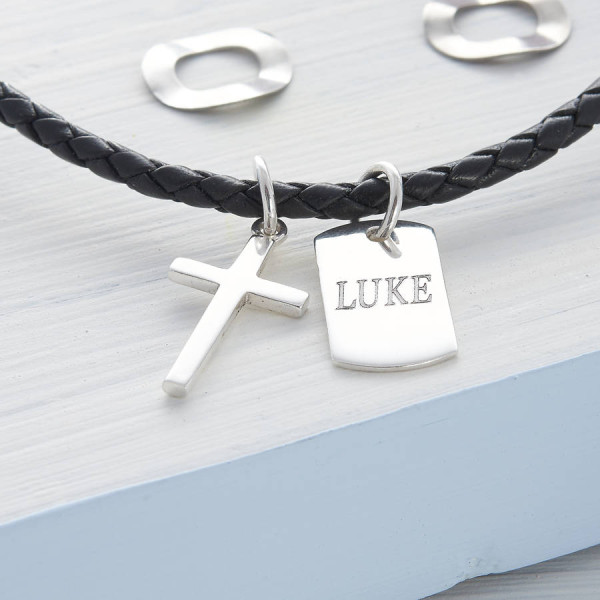 Personalised Silver Cross And Tag Leather Necklet - All Birthstone™