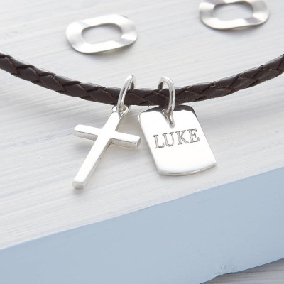 Personalised Silver Cross And Tag Leather Necklet - All Birthstone™