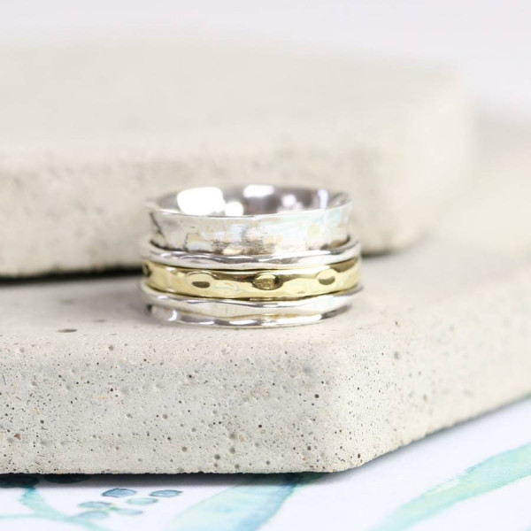 Sterling Silver And Gold Hammered Effect Spinning Ring - All Birthstone™