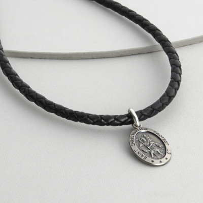 Mens Personalised Woven Leather St Christopher Necklet - All Birthstone™