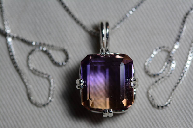Ametrine Necklace, Certified 13.24 Carat Ametrine Pendant Appraised 925.00 Sterling Silver, Purple Yellow, Emerald Cut, Real Genuine Natural