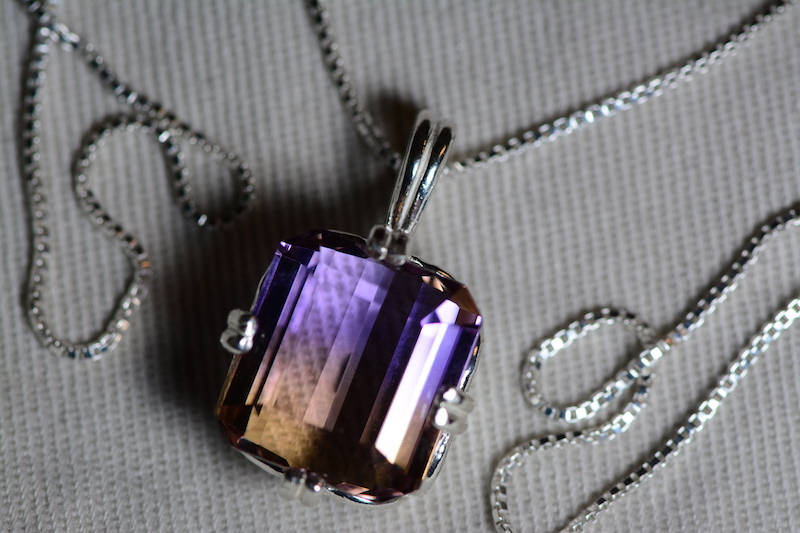 Ametrine Necklace, Certified 13.24 Carat Ametrine Pendant Appraised 925.00 Sterling Silver, Purple Yellow, Emerald Cut, Real Genuine Natural