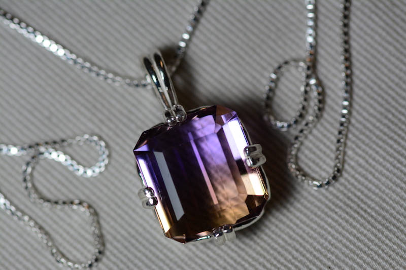 Ametrine Necklace, Certified 13.24 Carat Ametrine Pendant Appraised 925.00 Sterling Silver, Purple Yellow, Emerald Cut, Real Genuine Natural
