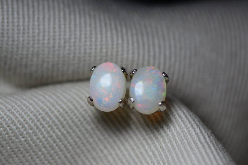 Australian Opal Earrings, 1.04 Carat Natural Solid Cabochon Opal Studs, 7x5mm Oval Cab, Australia, October Birthstone, Green Pink Blue