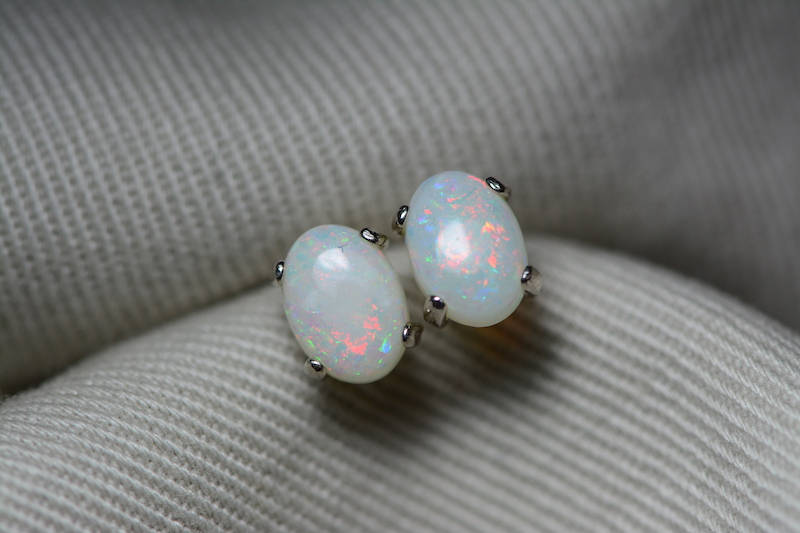 Australian Opal Earrings, 1.11 Carat Natural Solid Cabochon Opal Studs, 7x5mm Oval Cab, Australia, October Birthstone, Green Pink Blue