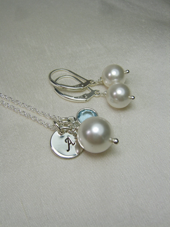 Bridesmaid Jewelry Set of 6 Personalized Bridesmaid Gift Pearl Bridesmaid Necklace Earrings Wedding Jewelry Set Initial Necklace