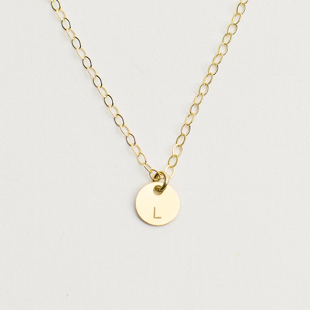 Dainty initial disc necklace - tiny gold disc necklace - personalised necklace - tiny letter charm - gold circle necklace - bridesmaid gift