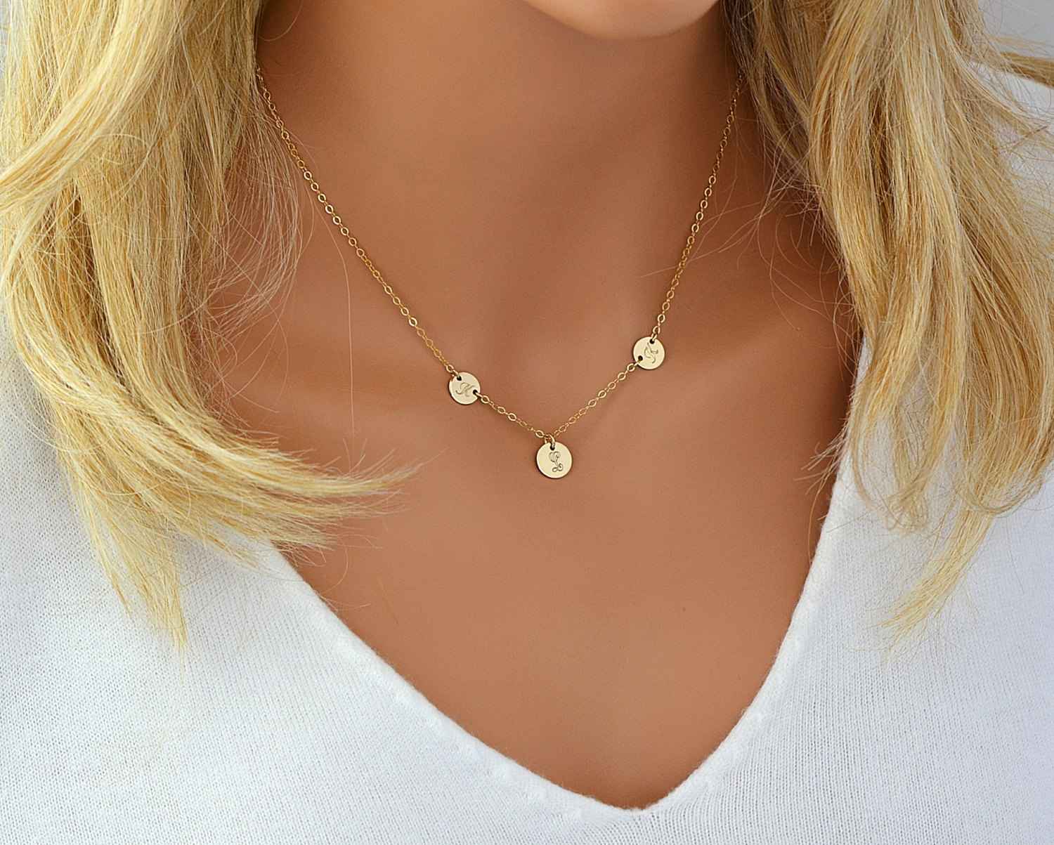Delicate Personalized Disc Necklace, 3 Initial Necklace, Monogram Necklace Gold or Silver, Dainty Personalized Necklace